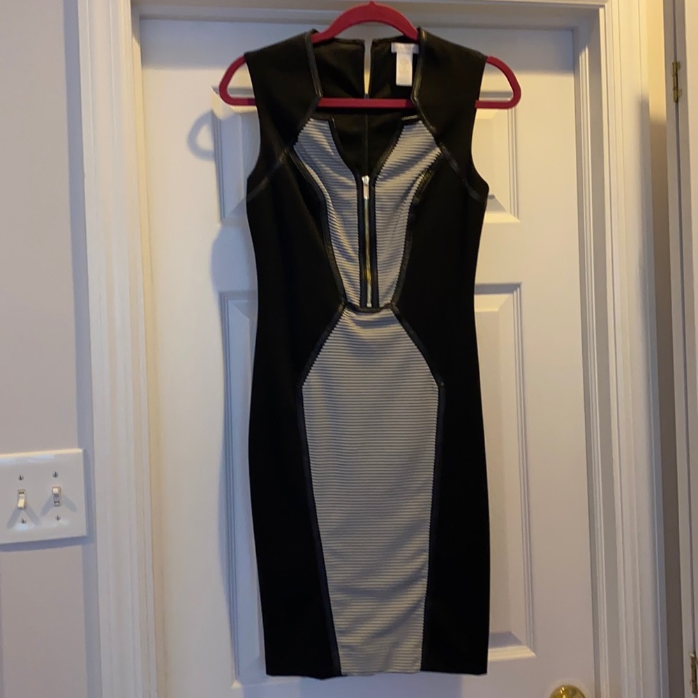 Black and white Cache dress with faux leather details